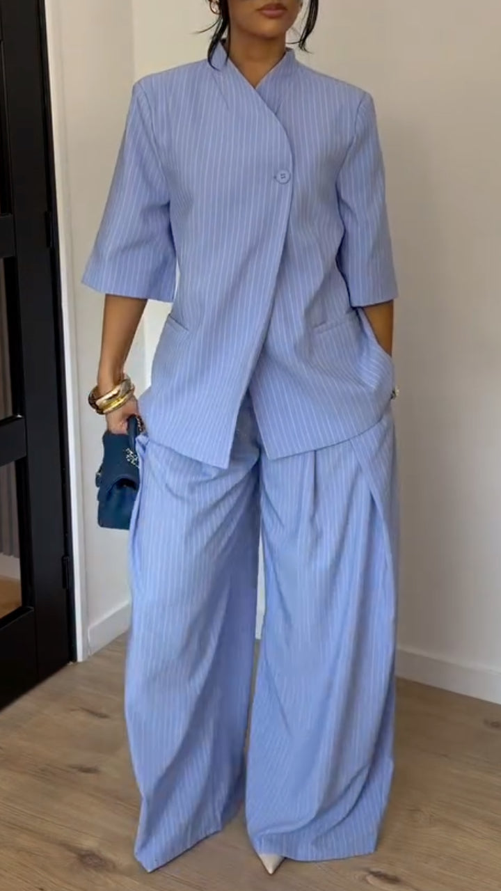 Pinstripe Stand Collar Blazer & Wide Leg Pants Co‑Ord Set