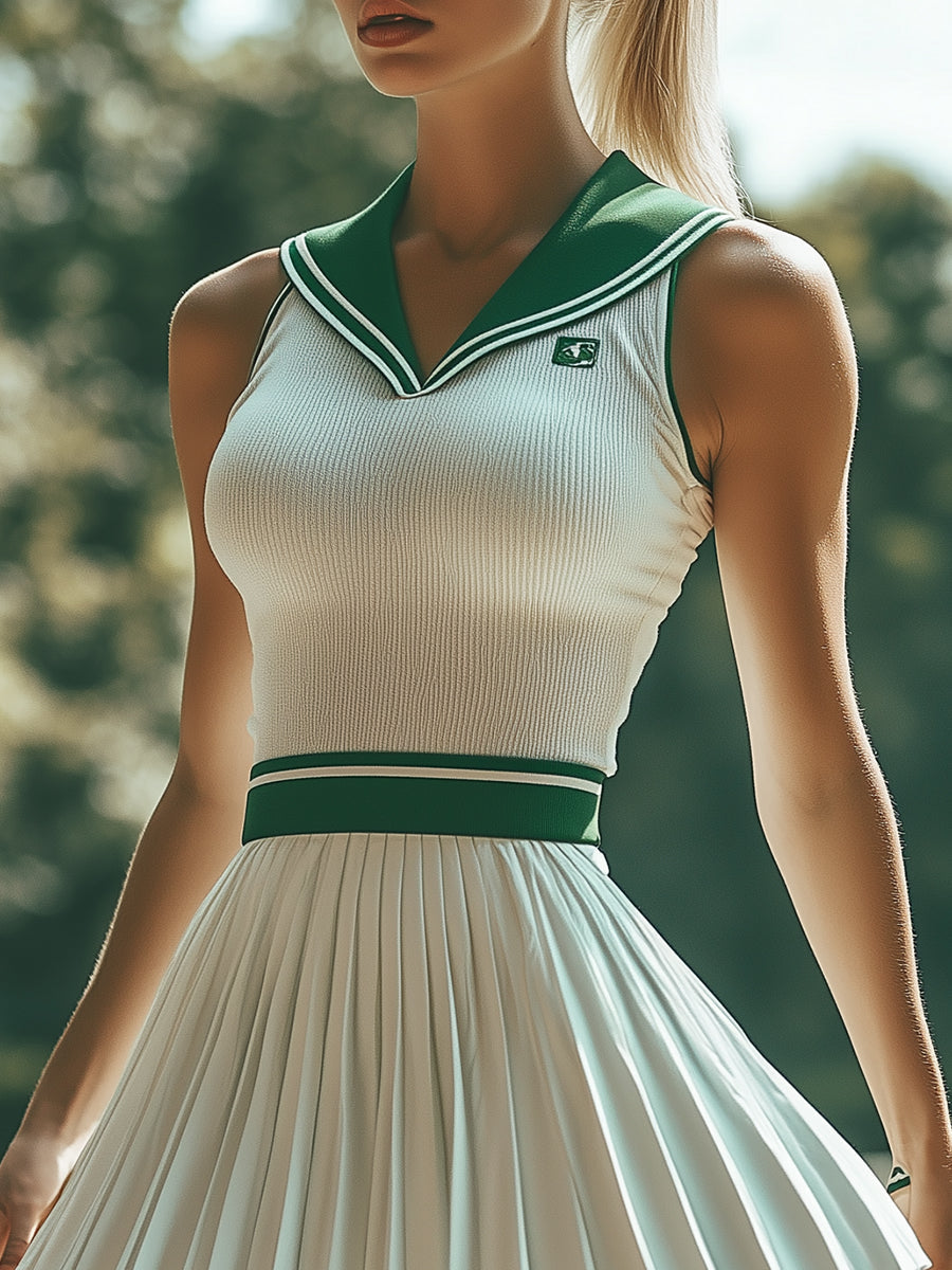 [24-hour shipping out]Fashionable Preppy Style White And Green Contrast Striped Sleeveless Mini Dress