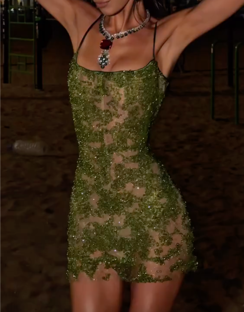 Olive Green Glitter Sheer Spaghetti Strap Mini Dress