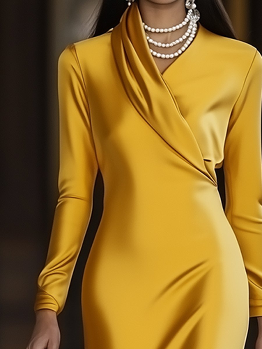 [24-hour shipping out]Fashion Vintage Gold Satin Long Sleeve Midi Dress