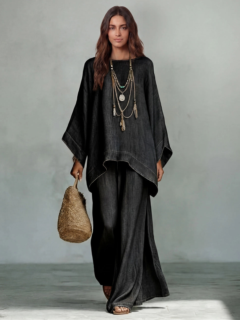 Denim Oversized Top & High‐Slit Wide Leg Pants Co‐Ord Setrd Set