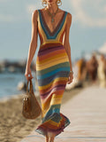 [24-hour shipping out]Retro Western Style V-Neck Colorful Striped Breathable Knitted Maxi Dress