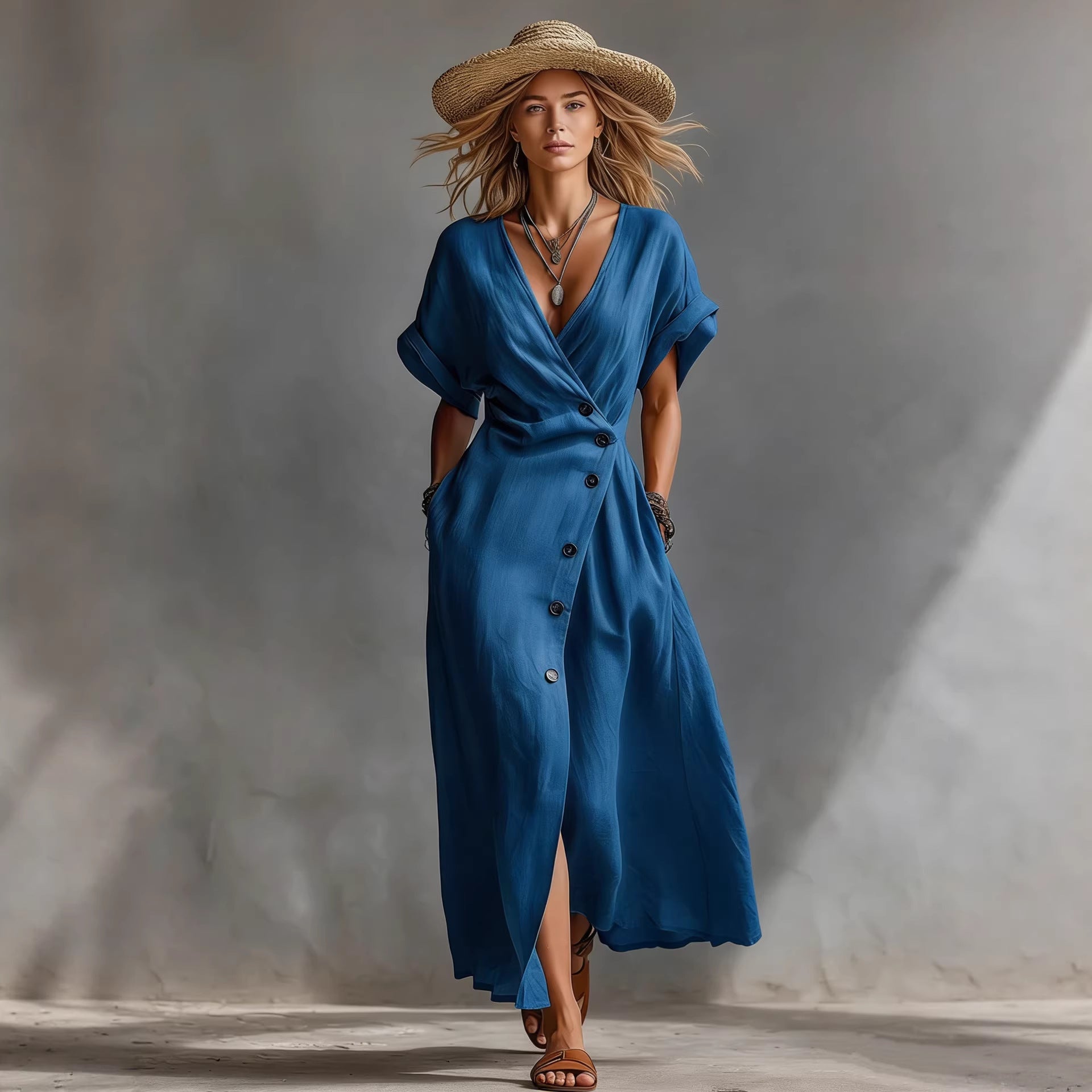 Vintage V-Neck Button Maxi Dress with Pockets