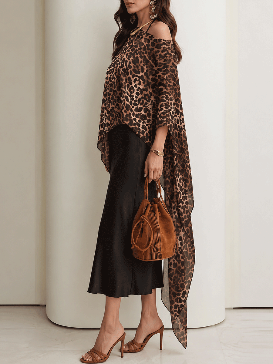 Glam Boho Leopard Chiffon Cape Top & Black Satin Maxi Skirt Set