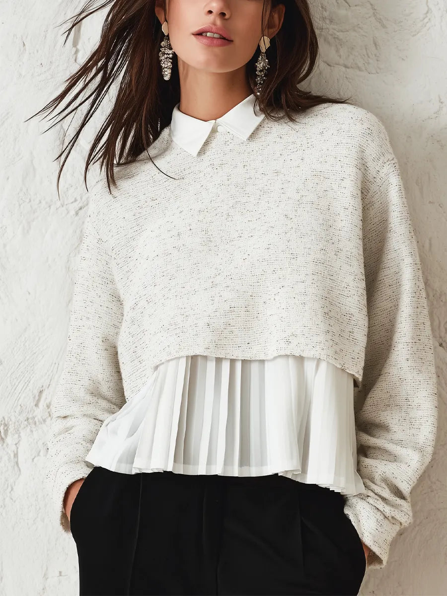 Soft Oatmeal Layered Pleated Knit Top