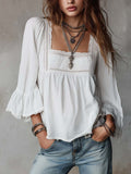 Retro Lace Trim Square-Neck RuffleCotton-Linen Blouse