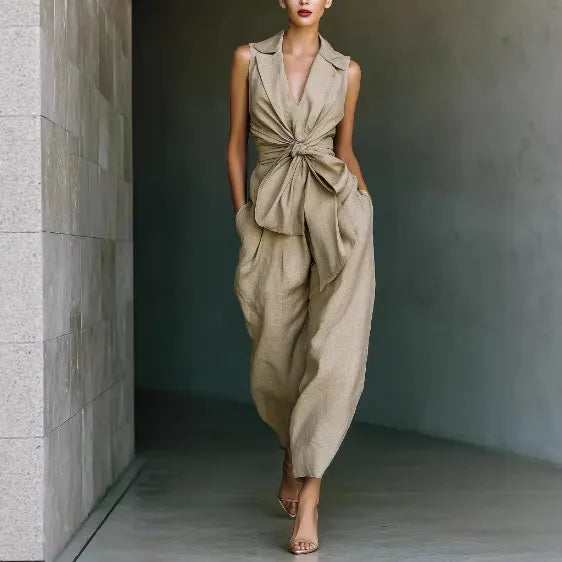 Gurtons Elegant Knot-Waist Sleeveless Jumpsuit - Tailored V-Neck Wide Leg One-Piece