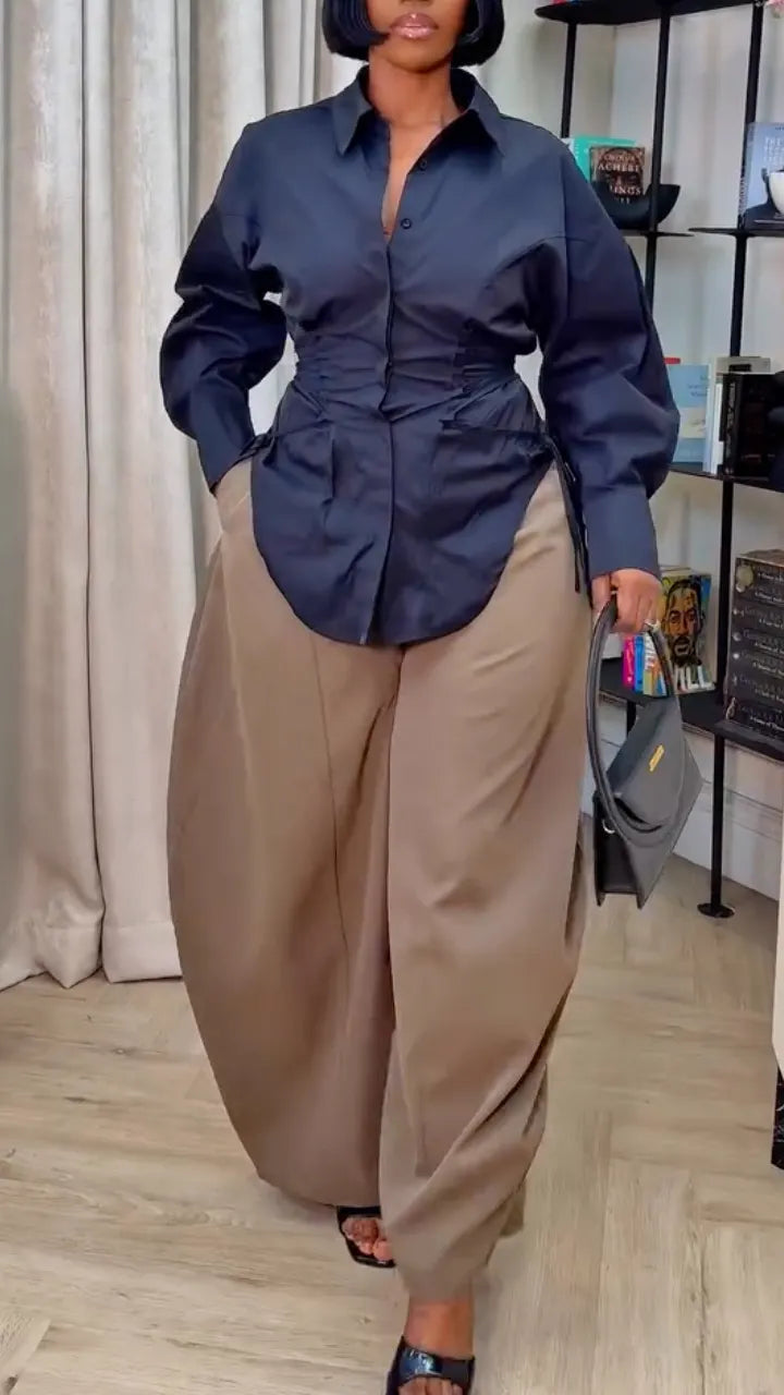 Black Corset Shirt & Beige Trouser Set