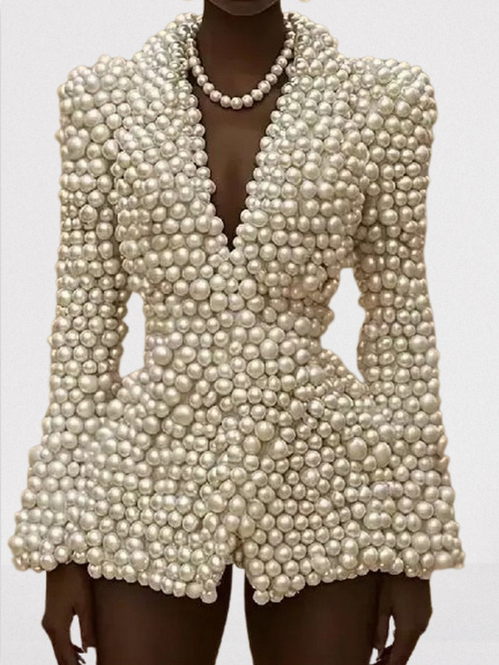 White Full Pearl-Embellished Blazer with Lining