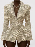 White Full Pearl-Embellished Blazer with Lining