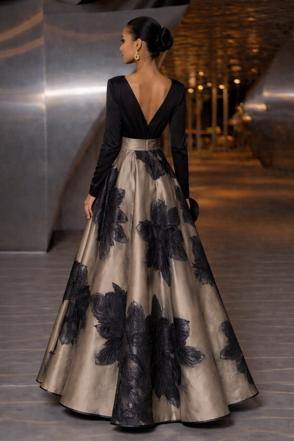 Black Champagne 3D Floral Print High Waist A-Line Maxi Dress