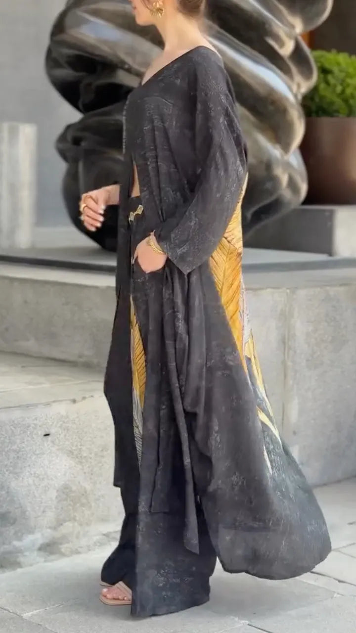 Print Cutout Long Sleeve Top & Wide Leg Pants Co‑Ord Set