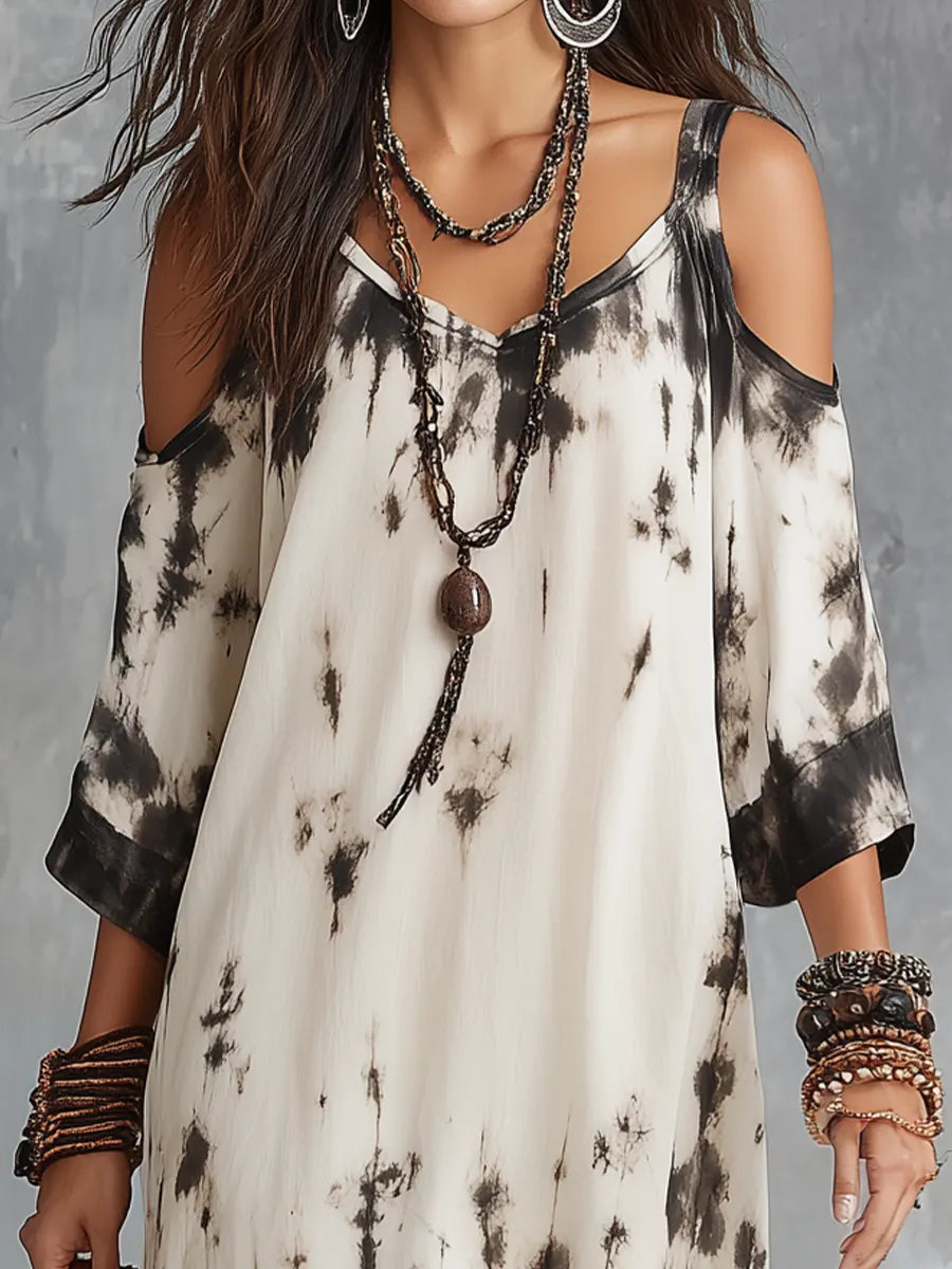 Relaxed Ivory Tie-Dye Cold Shoulder Mini Dress