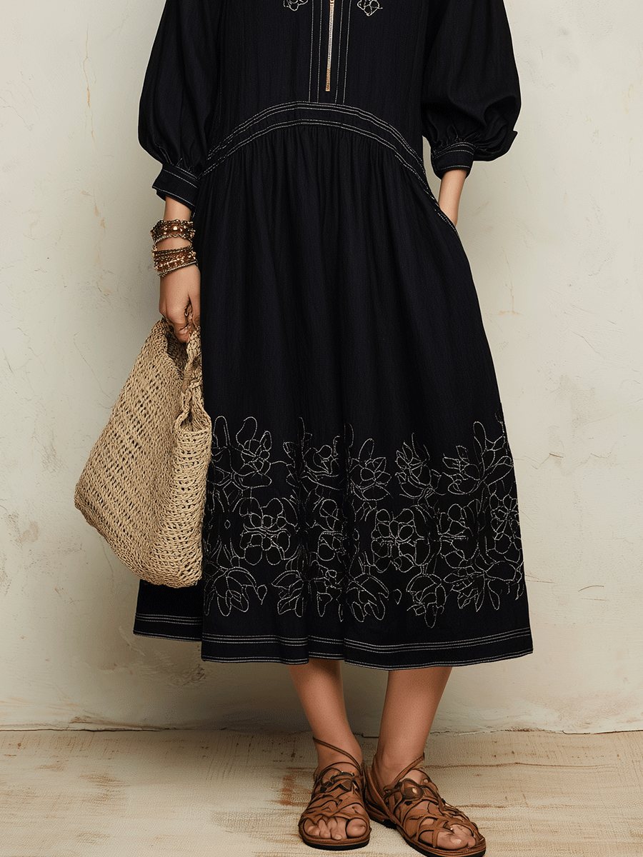 Bohemian Embroidered Resort Midnight Black Midi Dress