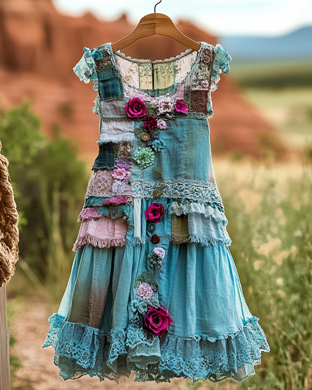 Vintage Floral Embroidered Lace Patchwork Dress 77ba
