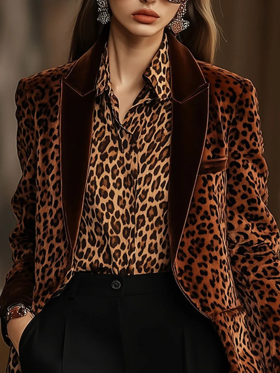 [24-hour shipping out]Casual Loose Retro Velvet Leopard Print Lapel Blazer