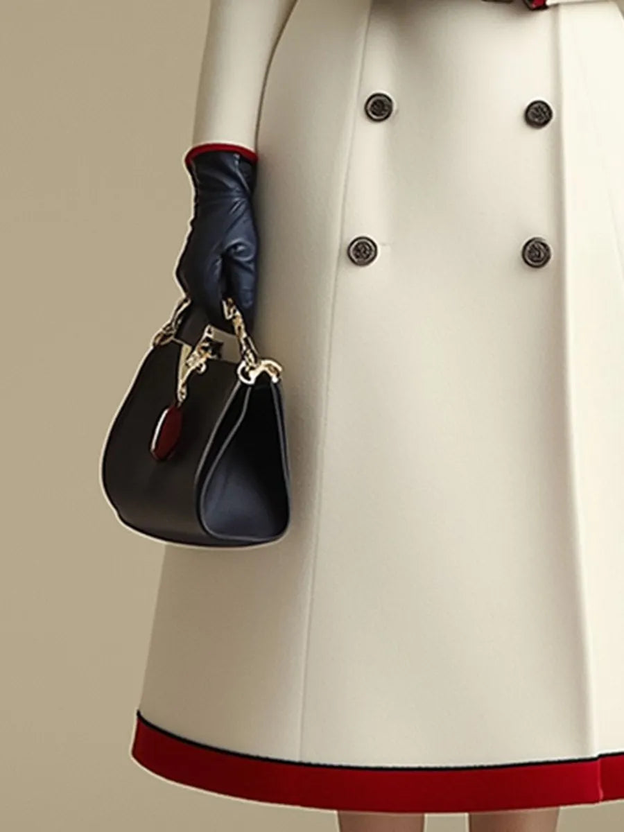 [24-hour shipping out]High-End Retro And Fashionable Double-Breasted Lapel Color-Blocked Long Coat