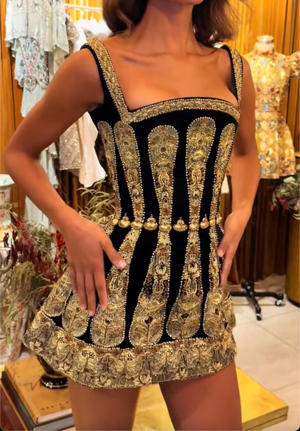 Black & Gold Baroque Embroidered Corset Mini Dress