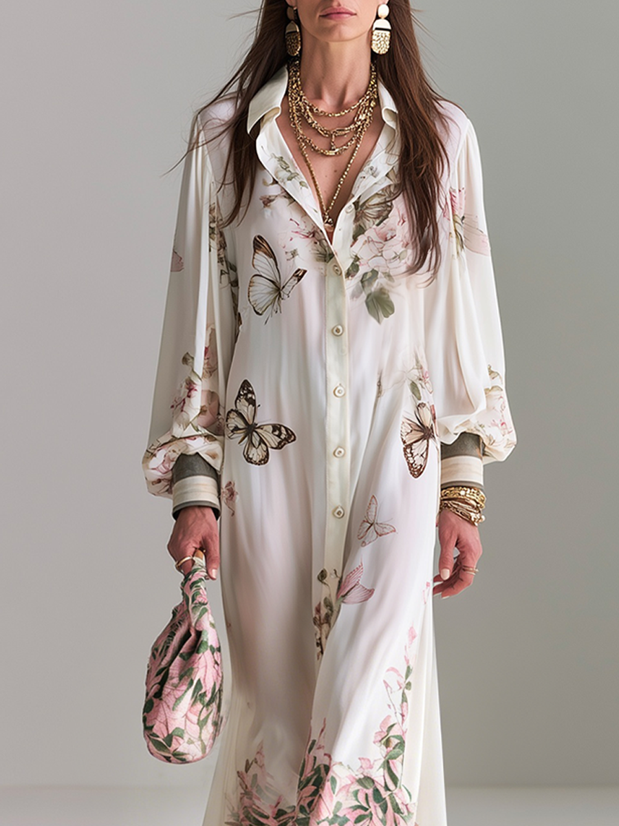 Romantic White Butterfly Floral Print Maxi Shirt Dress