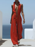 [24-hour shipping out]Casual Retro Red Cotton and Linen Zipper Sleeveless Elastic Waist Wide Leg Jumpsuit