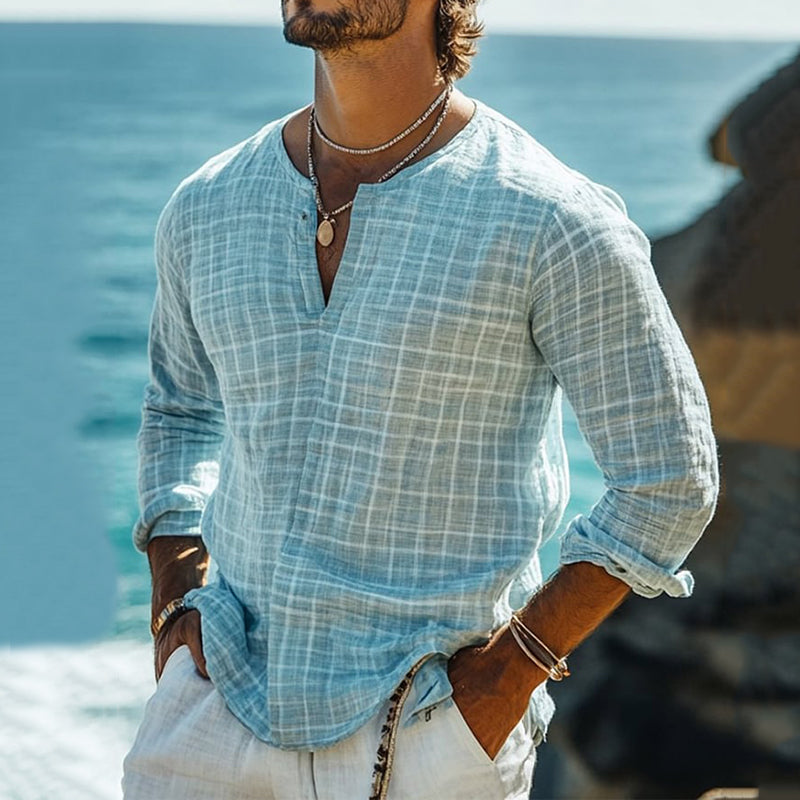 Men's Casual Plaid Cotton And Linen Long Sleeve Shirt