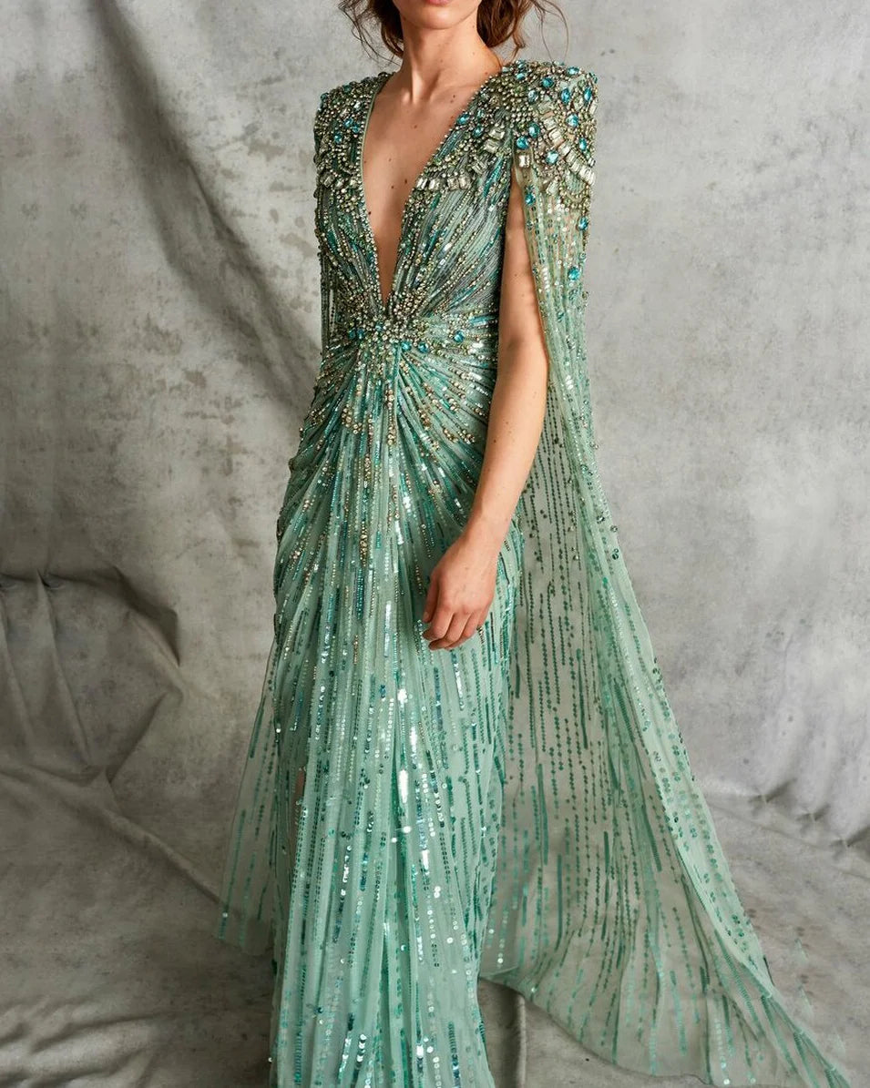 Deep V Beading Cape Sleeve Dress