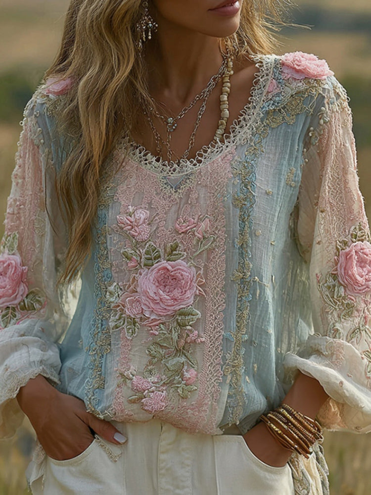 Women's Floral Embroidered Round Neck Comfortable Top