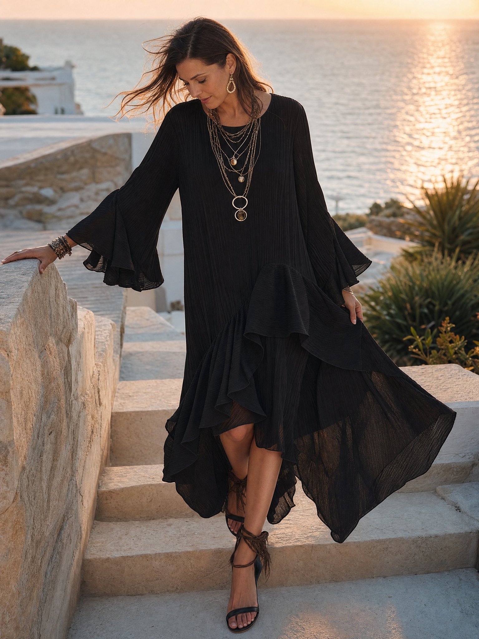 Elegant Asymmetric Ruffle Black Boho Midi Dress