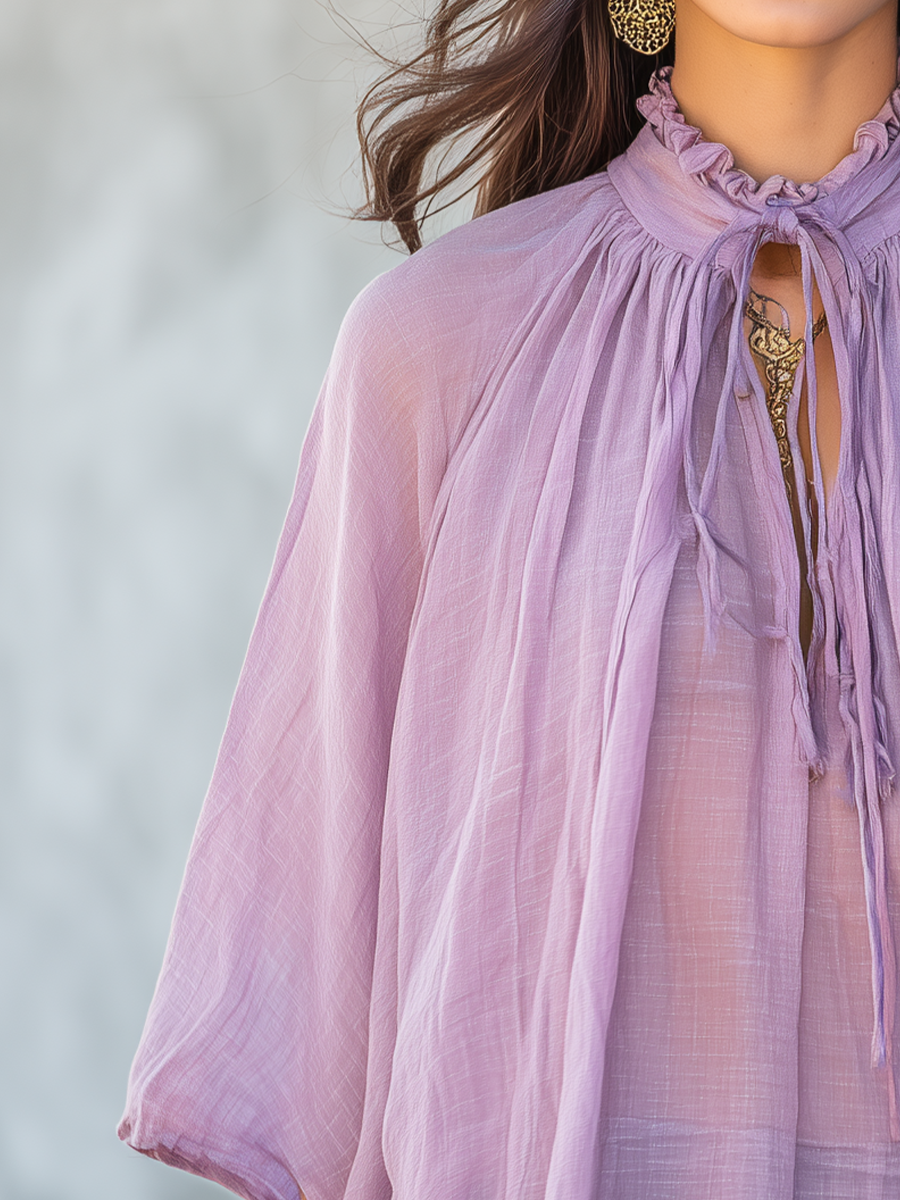 Graceful Lavender Tie Neck Oversized Blouse