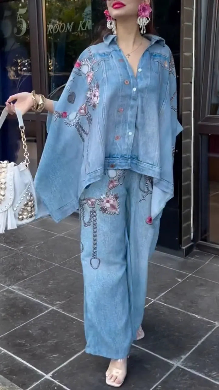 Vintage Washed Denim Printed Two Piece Set