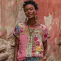 Women's Vintage Bohemian Floral Embroidery Art Round Neck Short Sleeve Linen Blend T-shirt
