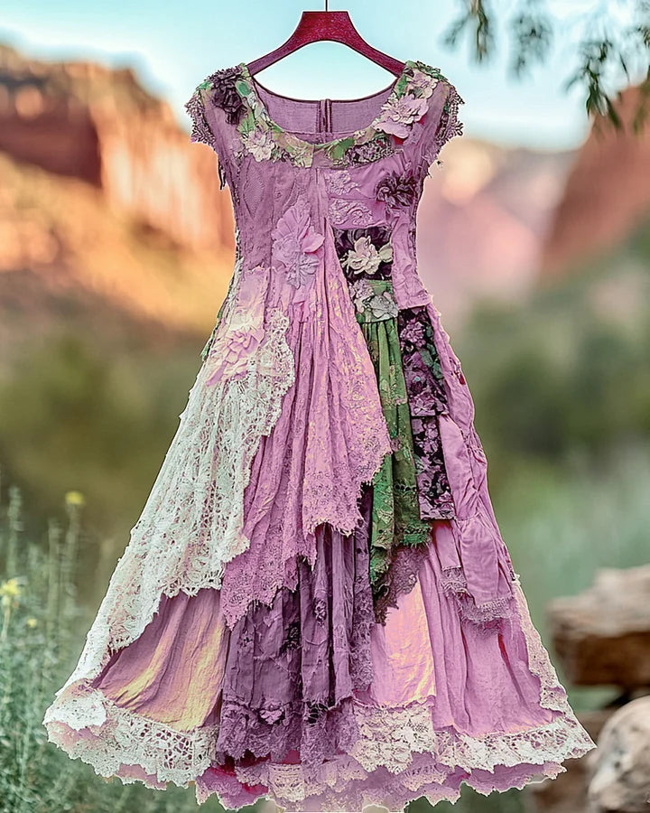 Vintage Floral Embroidered Lace Patchwork Dress b034