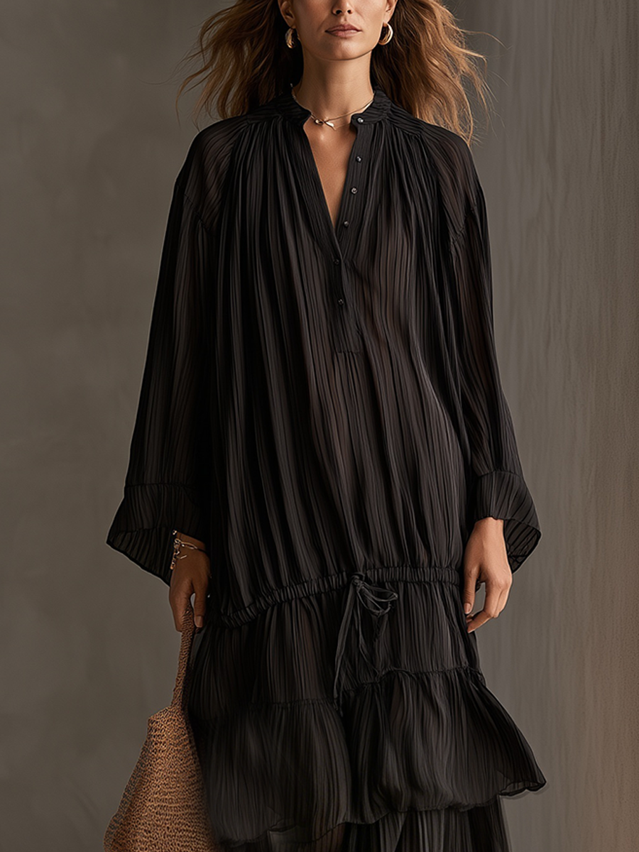 Bohemian Black Pleated Ruffle Maxi Dress