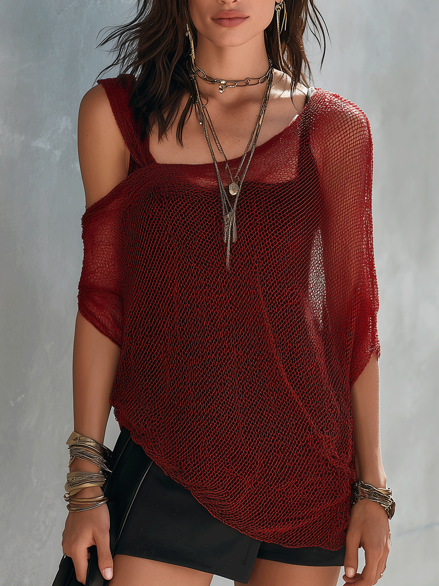 Bohemian Mesh Resort Deep Red Sheer Layered Top