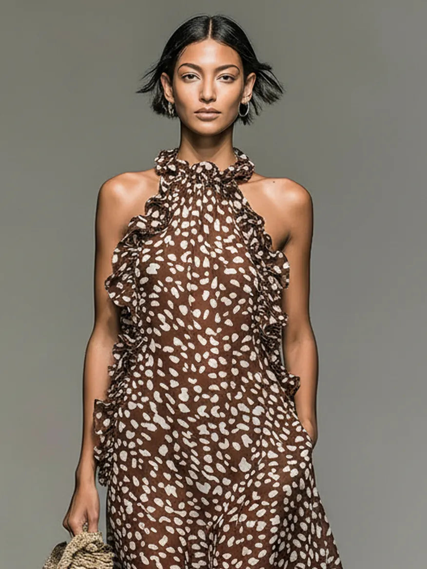 Women's Minimalist Deer Print Sleeveless Maxi Dress With Ruffled Collar MDZ2662B6Y