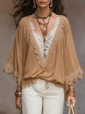Boho Lace Trim V-Neck Batwing Sleeve Relaxed Fit Blouse