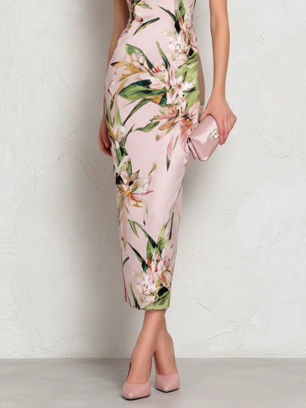 Pink Floral Satin Square Neck Sleeveless Midi Dress