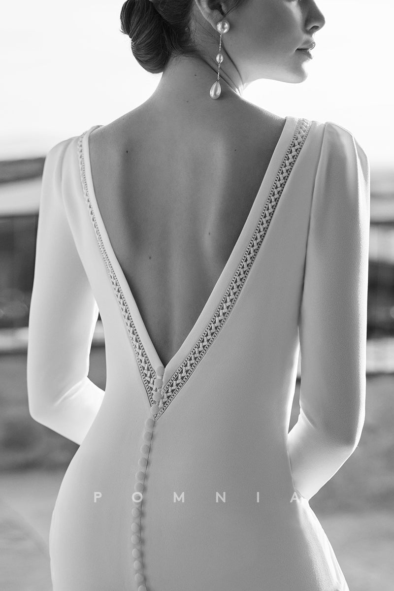 P3213 - Elegant Scoop Long Sleeves Mermaid Pleated Satin Beach Wedding Dress