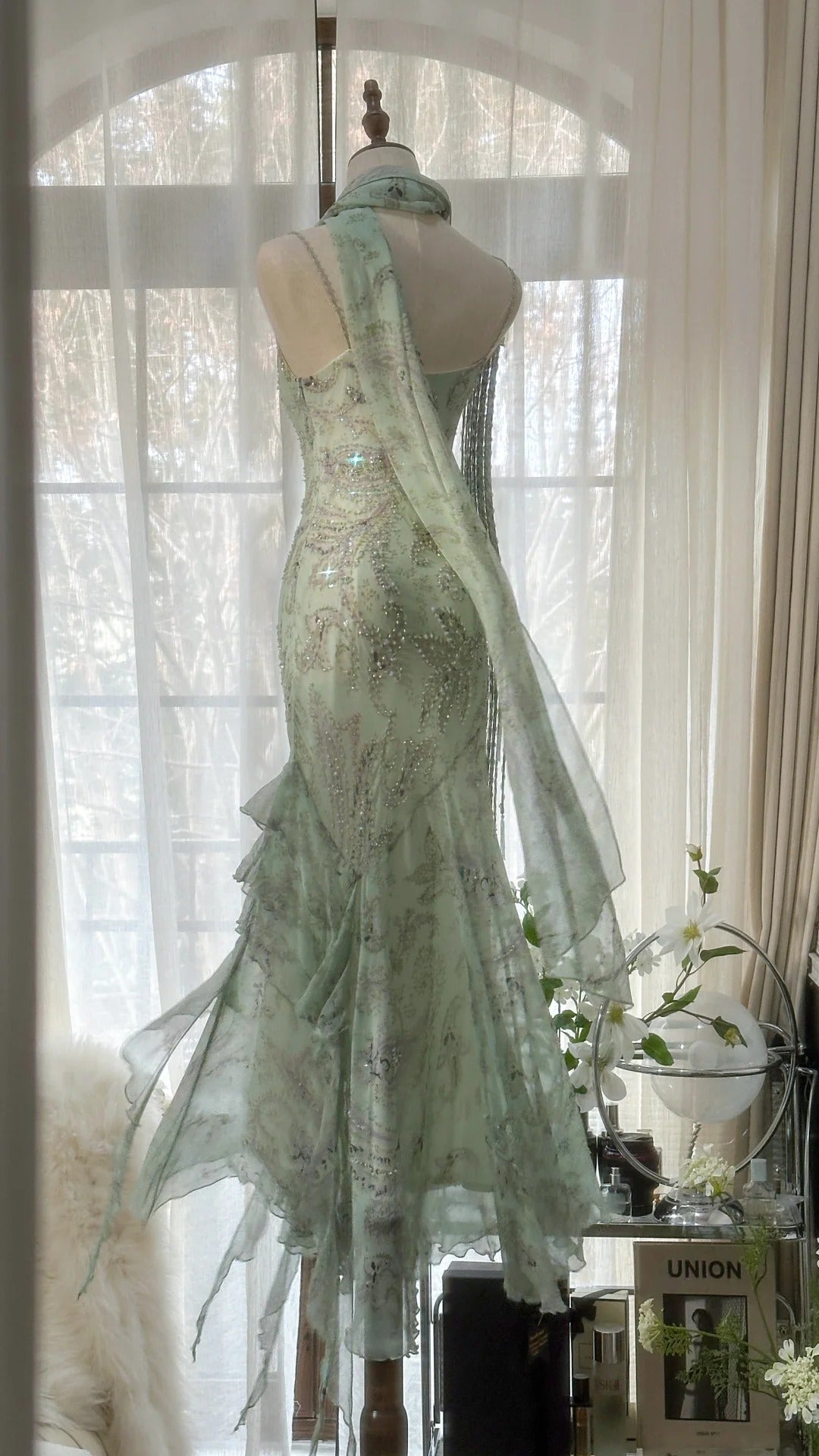 Mint Green Romantic Fashion Elegant Exquisite Beading Spaetti Straps Long Tulle Chiffon Ruffle Ball Gown Evening Dress Party Dress 4058