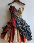 Independence Day themed print rose flower gilded dress 7418