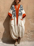 Women's Vintage Art Print V-neck Long Sleeve Cotton Linen Jumpsuit