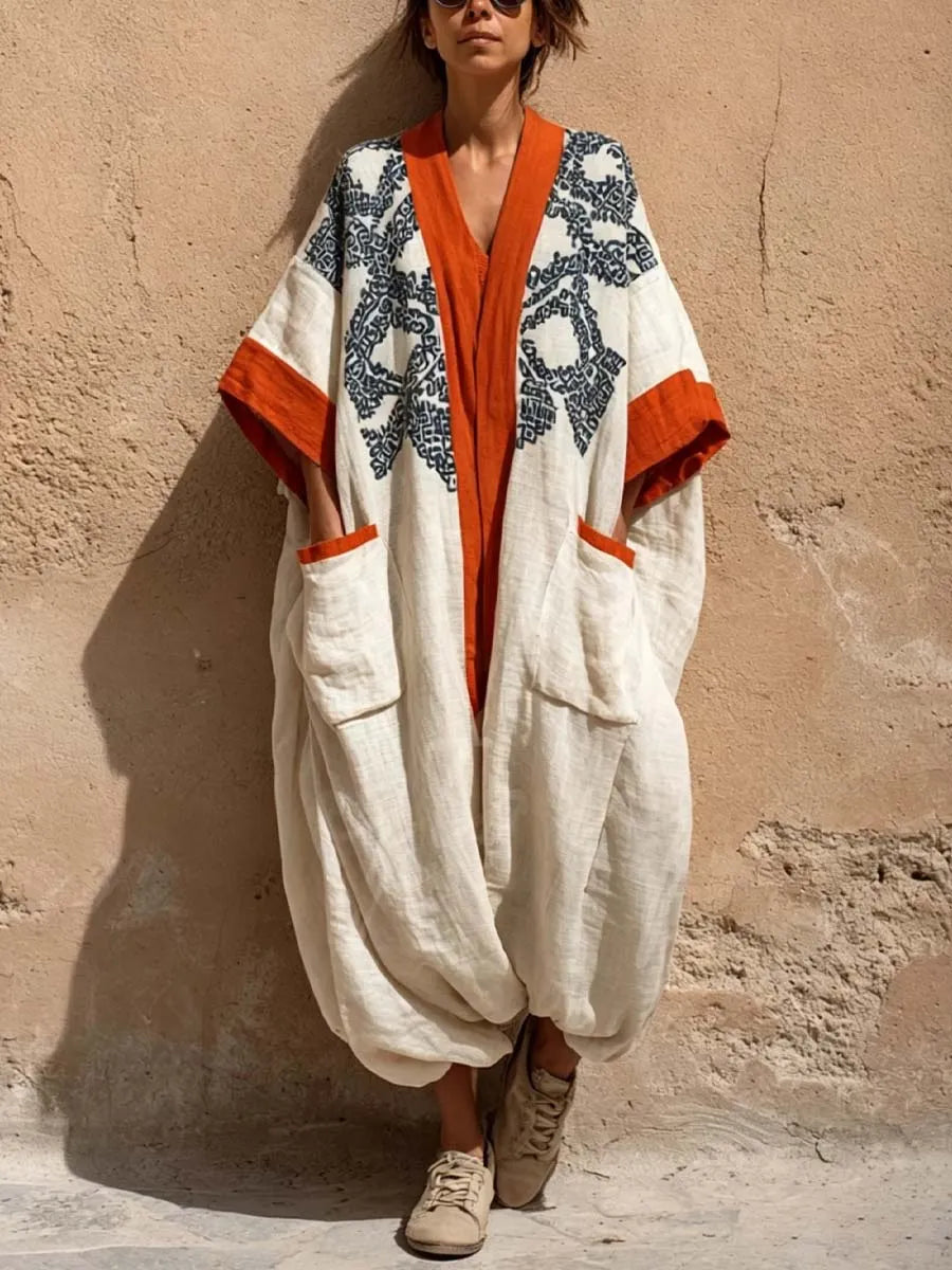 Women's Vintage Art Print V-neck Long Sleeve Cotton Linen Jumpsuit
