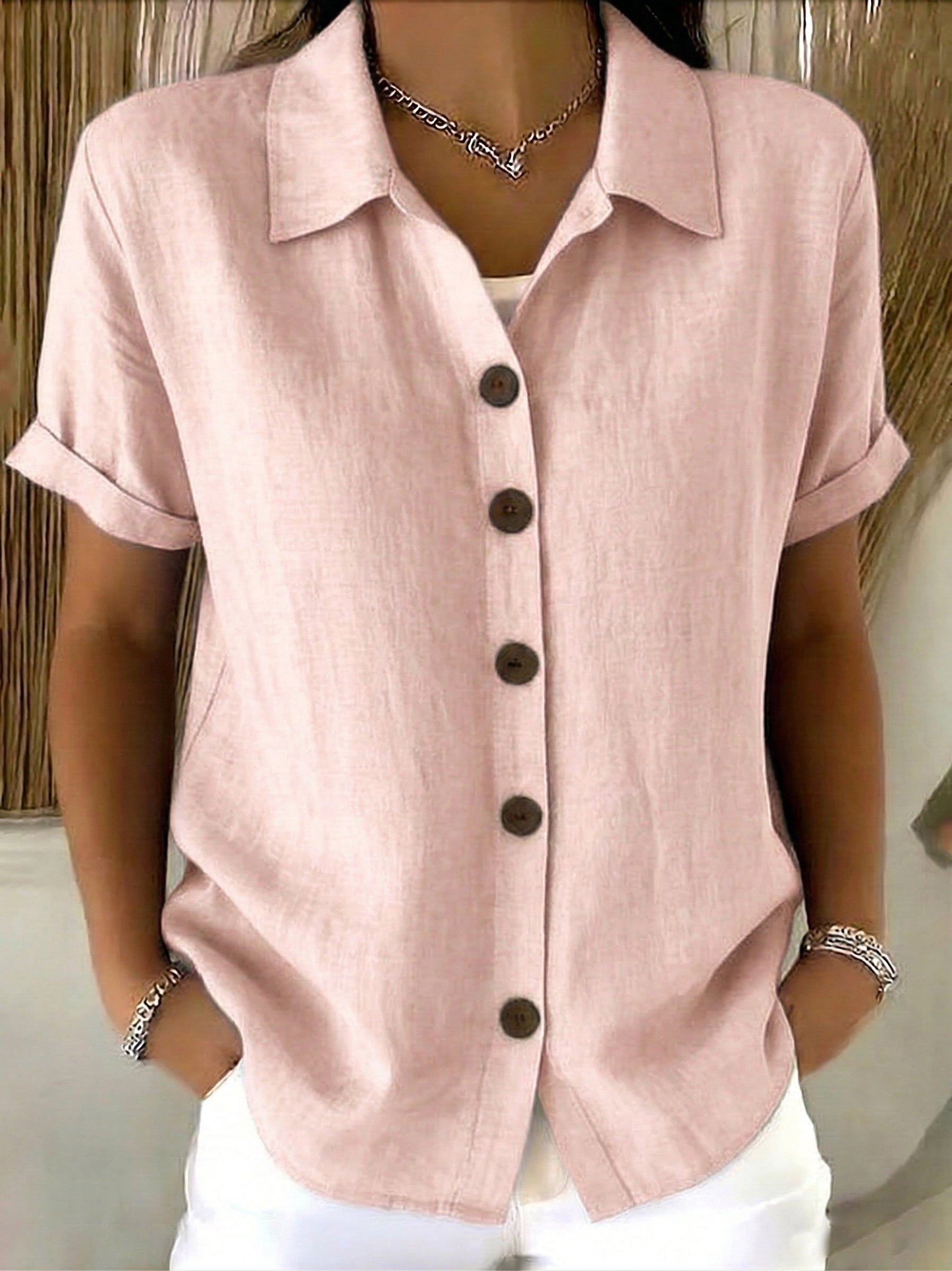 Women’s Linen Cotton Cozy Basic Button-Up Shirt – Casual Short Sleeve Summer Blouse