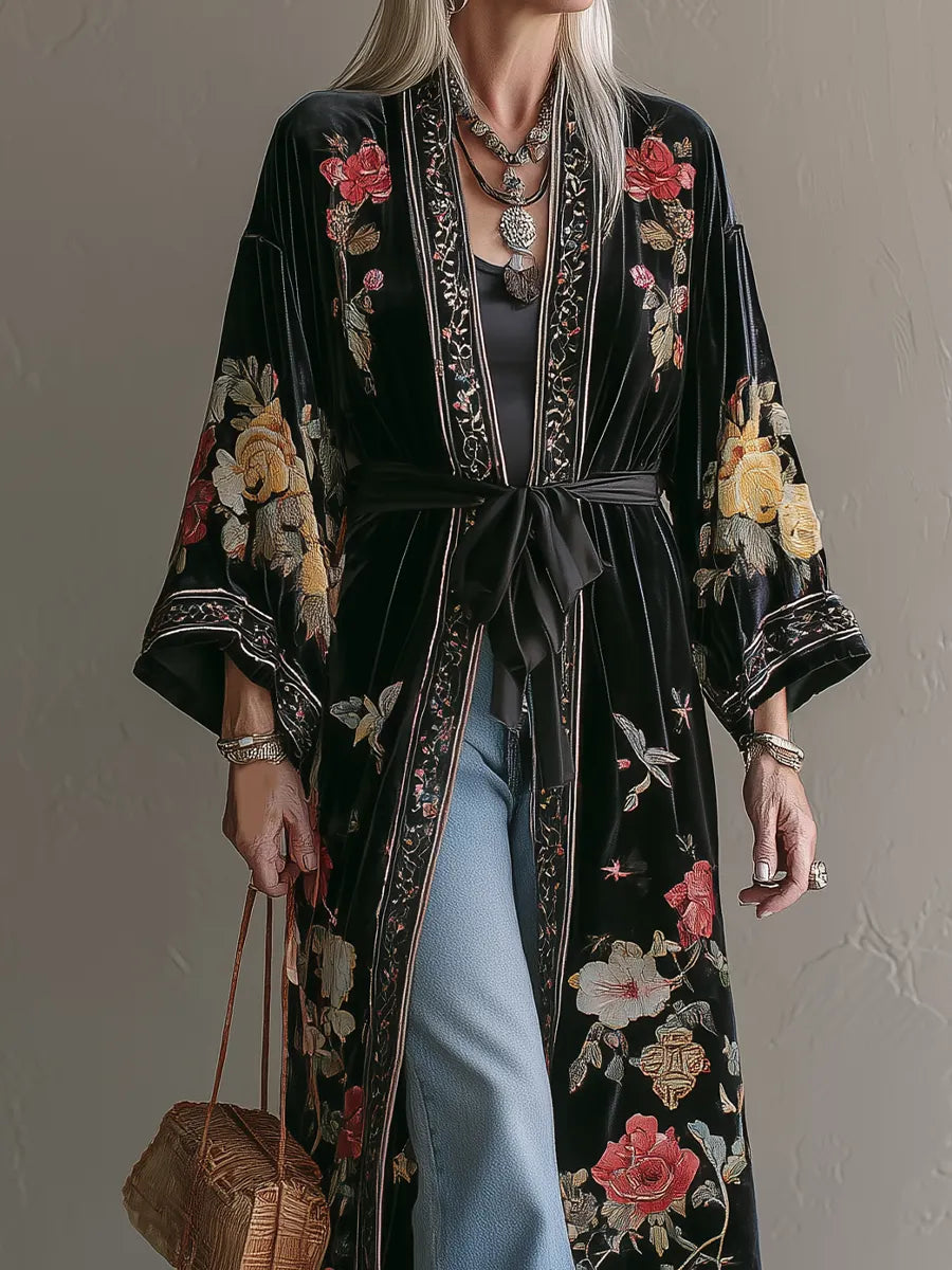 Boho Luxe Belted Velvet Floral Duster Cardigan