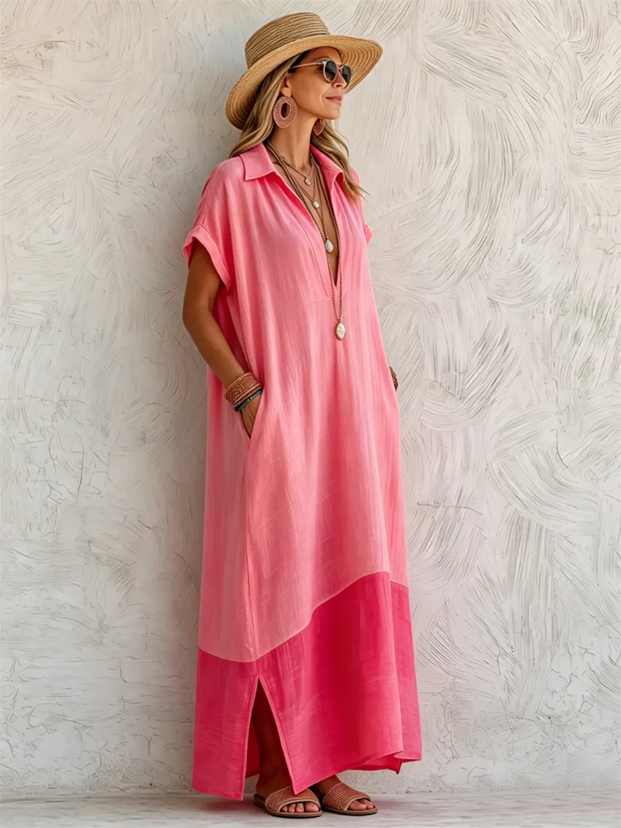 Stylish Casual Color-block Cotton-linen Dress With Polo Collar