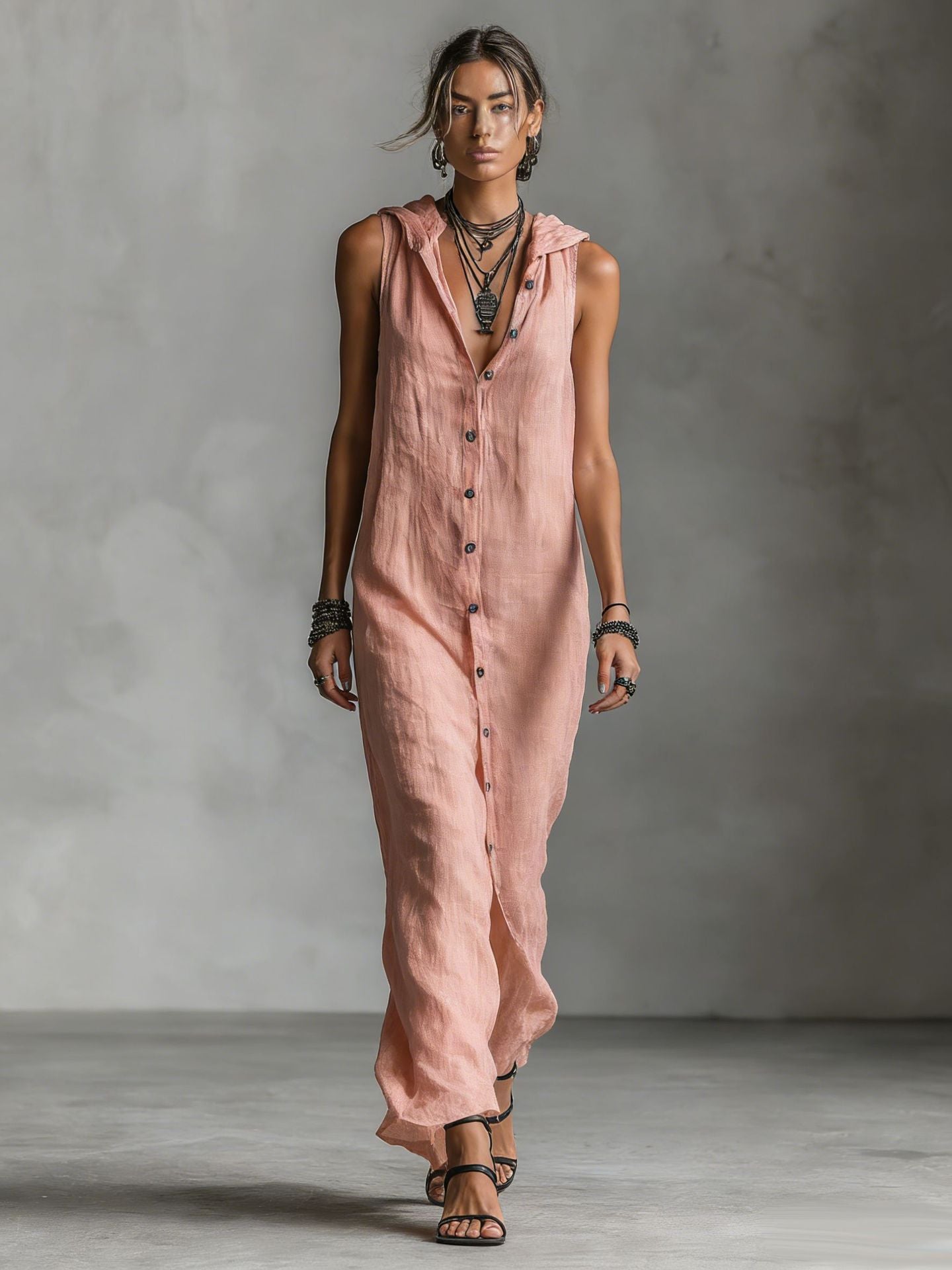 Bohemian Hooded Maxi Shirt Dress - Sleeveless High-Slit Button-Down Summer Vacation Long Dress