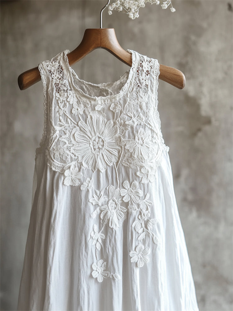 Flowers Lace Art Patchwork Linen Tank Dress