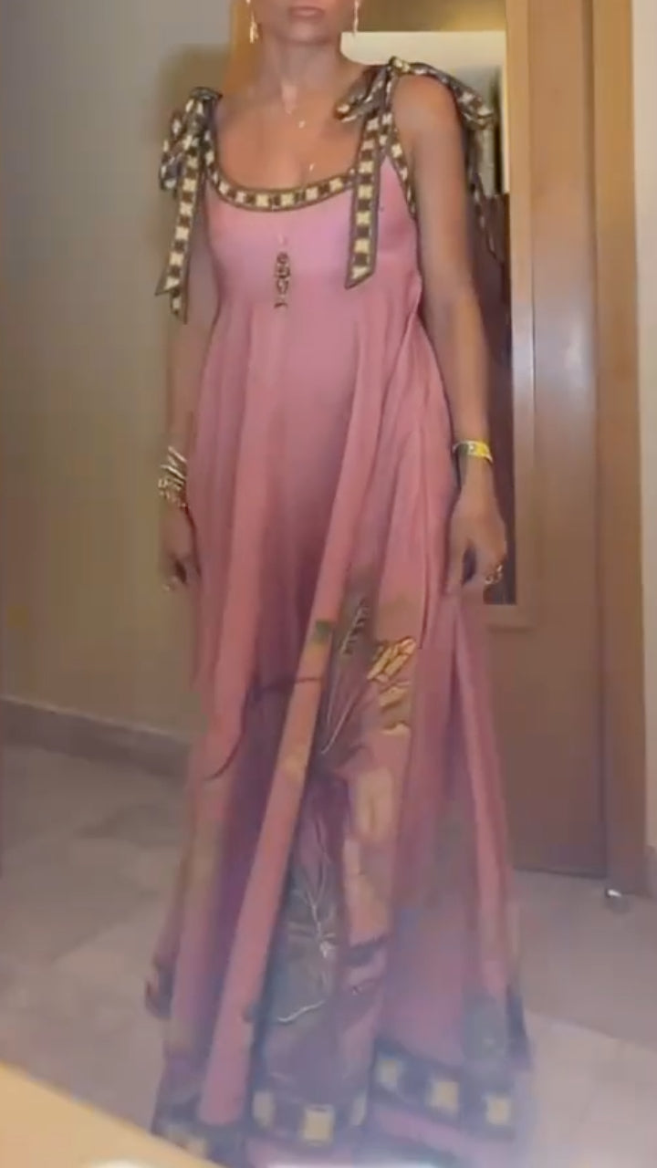 Pink Floral Print Square Neck Maxi Dress