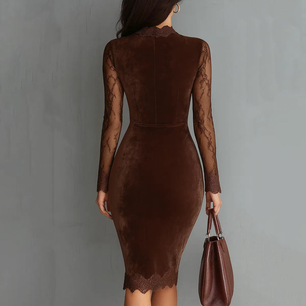 Vintage Keyhole Neck Lace Sleeves Velvet Mini Dress