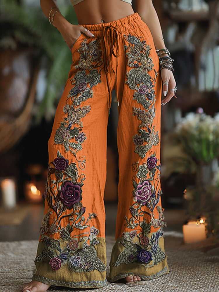 Classy Purple Lavender And Floral Embroidered Art Linen Pants